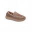Olem Sandi-2 Faux Fur Lined Slip-On Loafer in taupe suede, featuring decorative white stitching, faux fur lining, and a ridged platform sole.