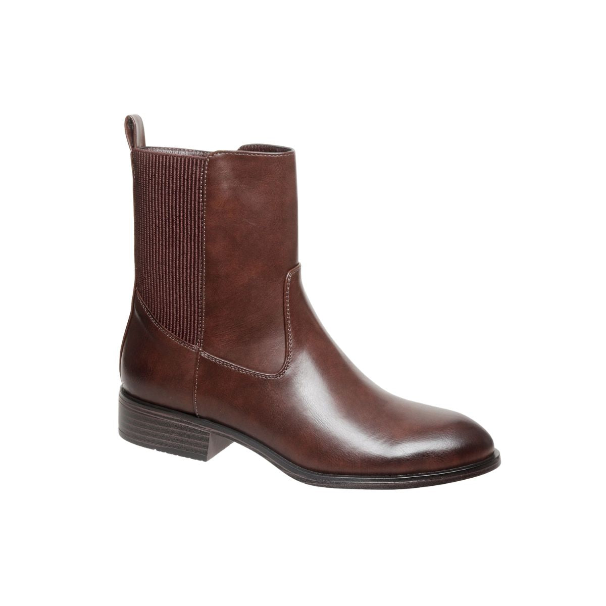 Brown Nevada-2 Mid Shaft Ankle Boot featuring a low block heel, elastic side panels, and a pull tab on the heel.