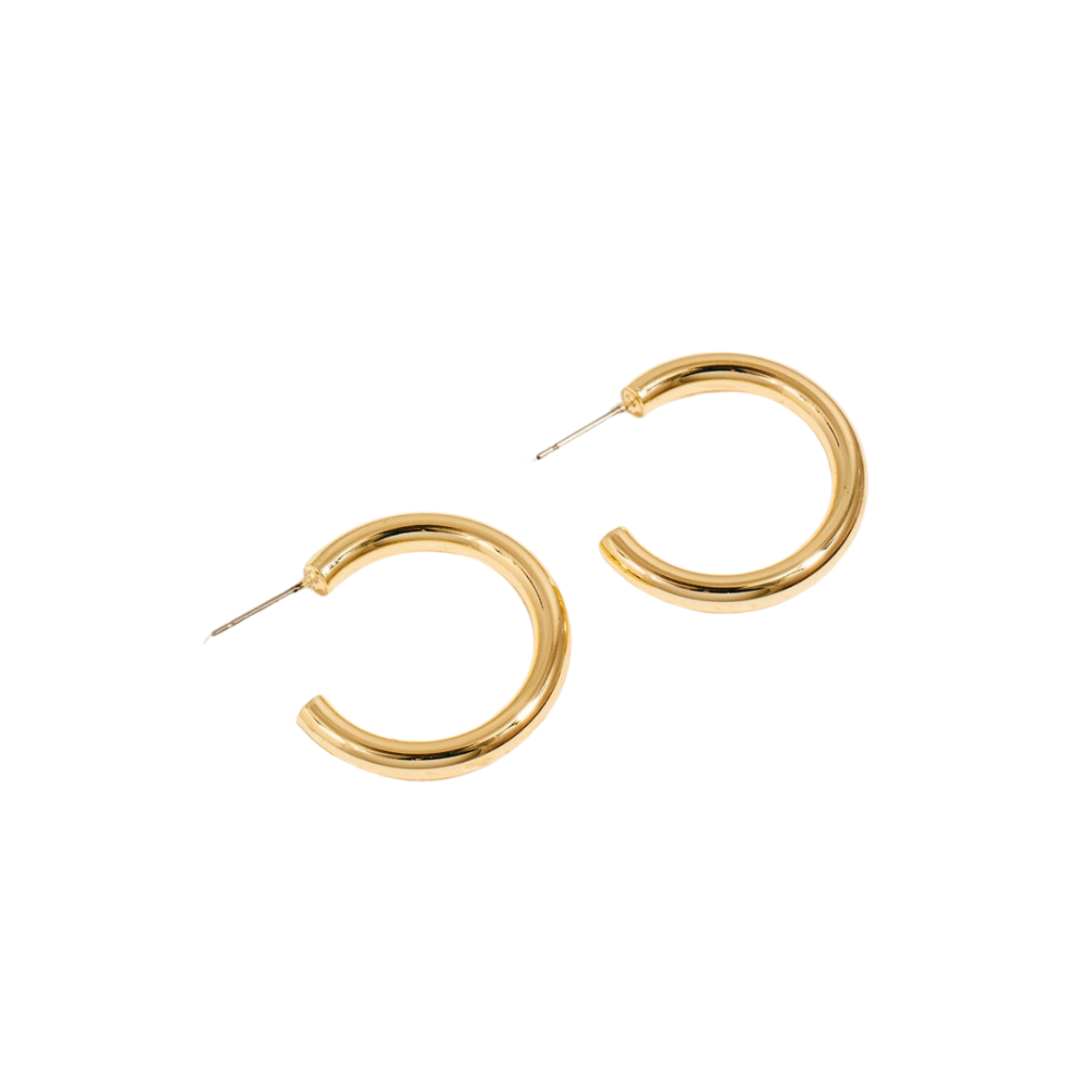 A pair of Gold Dipped Tube Hoop Earrings by FASHION GO with thin posts, crafted from 100% BRASS and gold dipped tube, displayed against a plain white background.