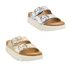 Two pairs of Flipflops & Whatnots Rumor Has It Platform Slide sandals—one silver, one gold—each with adjustable buckle straps, thick white soles, and cork footbeds for comfort.