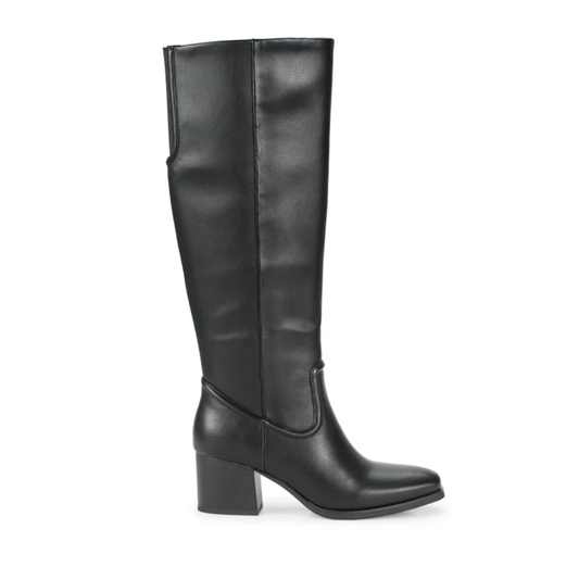 The Tammey Tall Boot in Black by Baretraps features a knee-high faux leather design, block heel, rounded toe, and minimal detailing, shown against a white background.