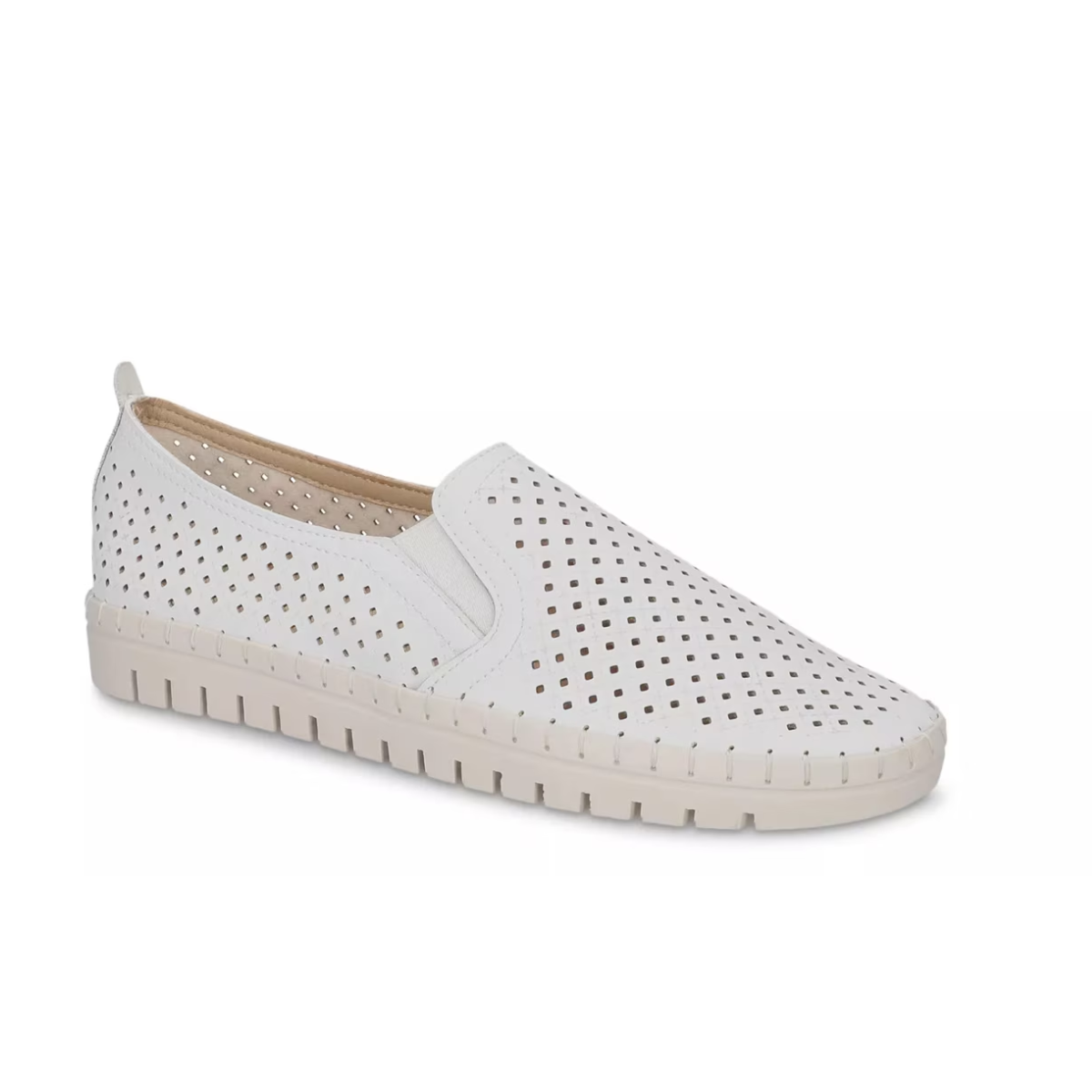 The EASY STREET Fresh Slip On Tennis Shoe Sneaker in White features perforated detailing and a lightweight, flat textured outsole for comfort. Main image
