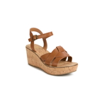 The White Mountain Simple Wedges feature a versatile brown design with comfortable crisscross leather straps, an ankle strap, and a cork sole, shown on a white background.