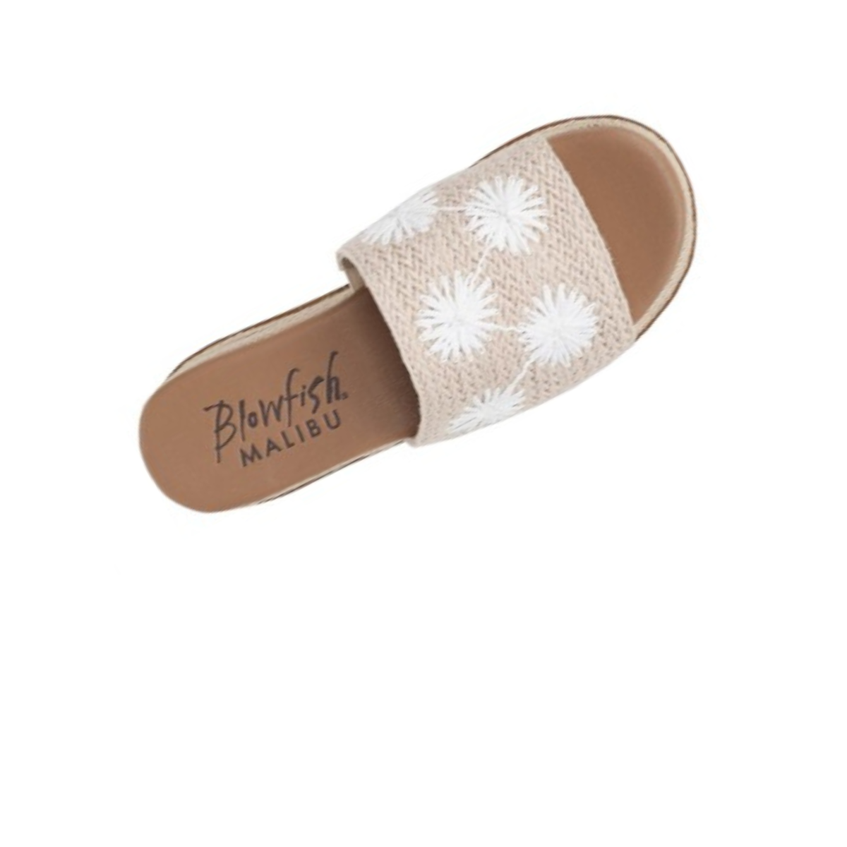 The Marshlo Jute by CALERES INC is a beige summer platform sandal with a woven upper, white floral embroidery, and branded insole—ideal for warm-weather style.