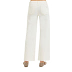 Person wearing Fashiongo Tummy Control Mid Rise Ankle Straight Raw Hew Pants and beige woven flats, photographed from the back against a plain white background.