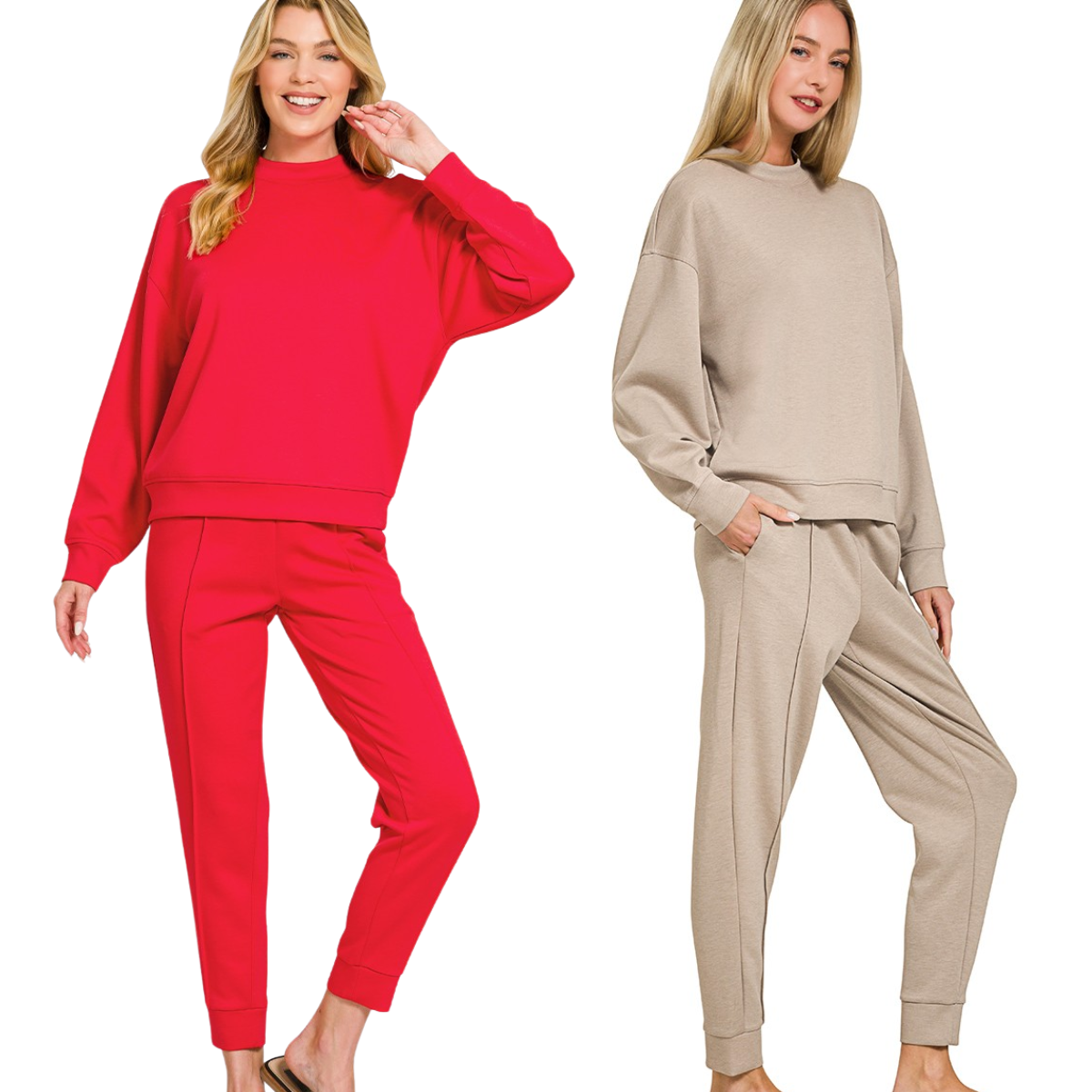Two women wear FASHION GO Scuba Fabric Mock Neck Pullover Jogger Sets—one in red, one in beige. Both smile against a plain background. The polyester joggers provide comfortable fit for any height.