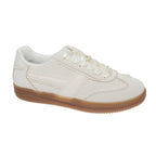 The Giana Crochet Accent Fashion Sneaker by OLEM SHOE CORP features feminine ribbon laces, textured white stitching, and a light brown gum rubber sole, presented against a plain white background.