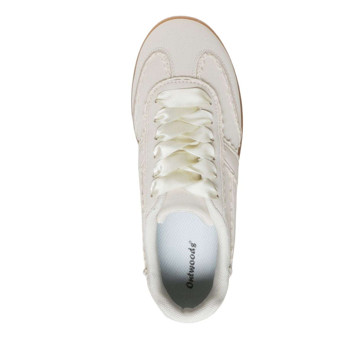 Top view of the Giana Crochet Accent Fashion Sneaker by OLEM SHOE CORP, featuring a white casual design with white laces, a textured sole, and branded insole. Main image
