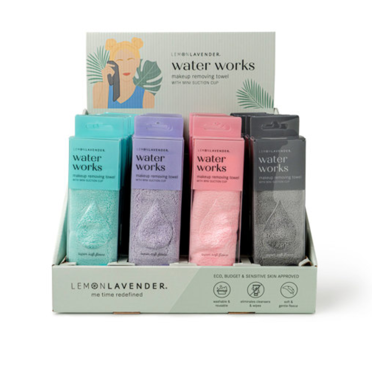A display box of DM MERCHANDISING INC Lemon Lavender Water Works Make-up Removing Towels, eco-friendly and suitable for sensitive skin, in teal, pink, and gray packs—each with a suction cup for hanging. Main image