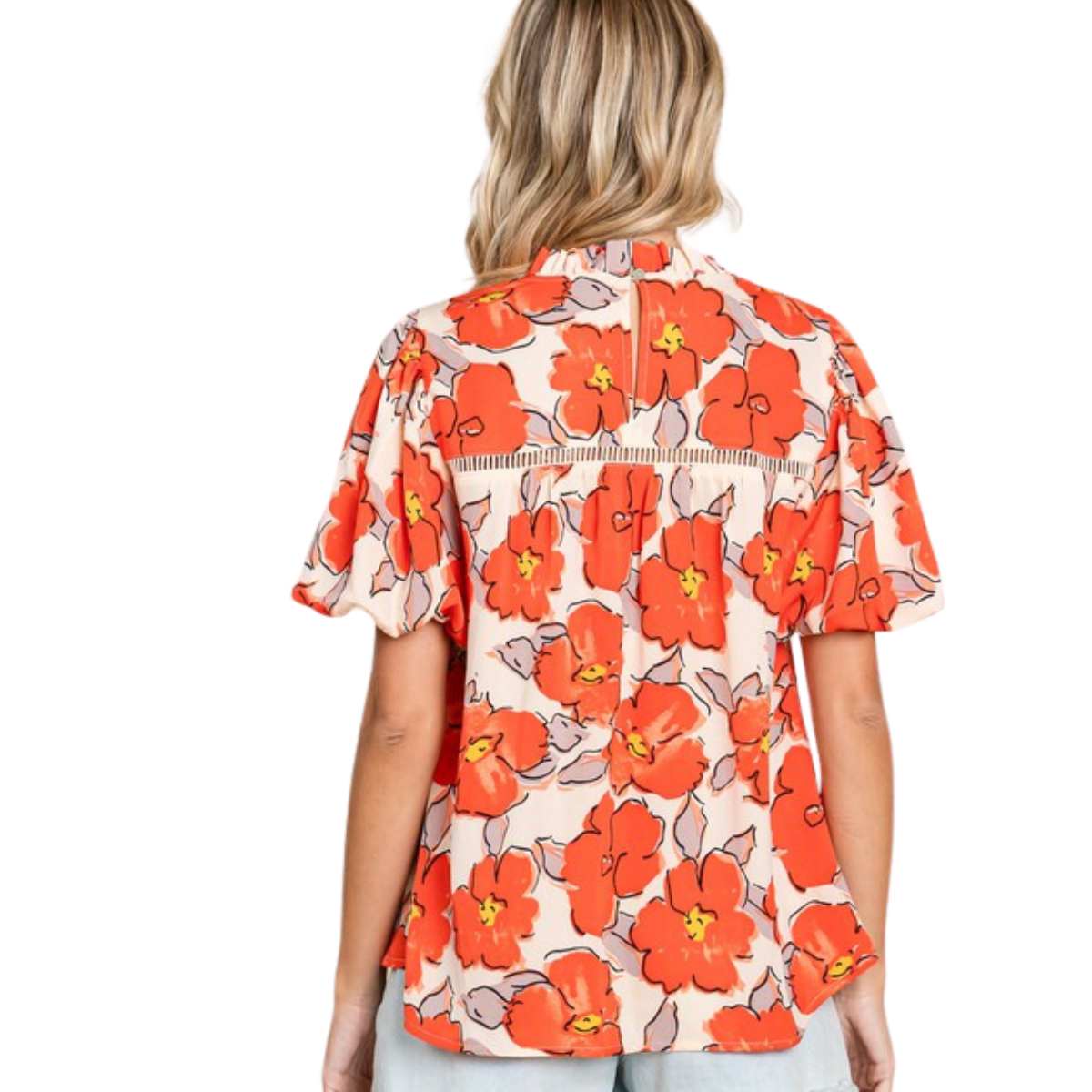 A person with long hair is wearing a FASHION GO Flower Print Puffed Sleeves Top, viewed from the back.