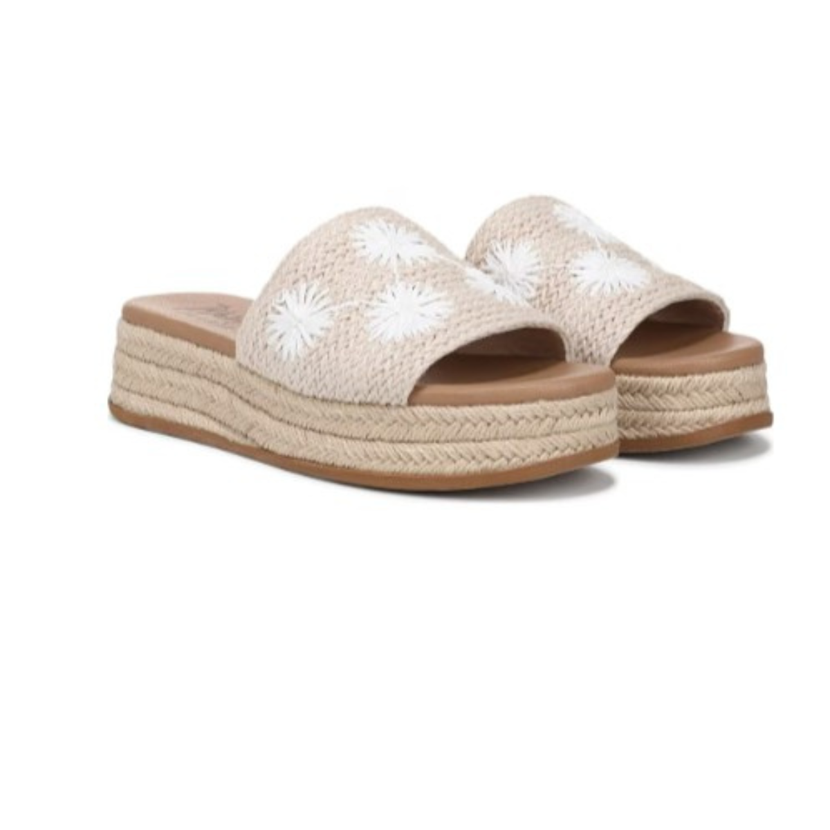 Step into summer with the Marshlo Jute by CALERES INC—beige woven platform slip-on sandals featuring white embroidered florals and a rope-style midsole, perfect for warm-weather style.