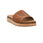 The At Ease Low Platform Slide Sandal by CORKY'S FOOTWEAR features a brown open-toe slip-on style with cutout design, stud accents, and a cork platform sole—shown on a white background.