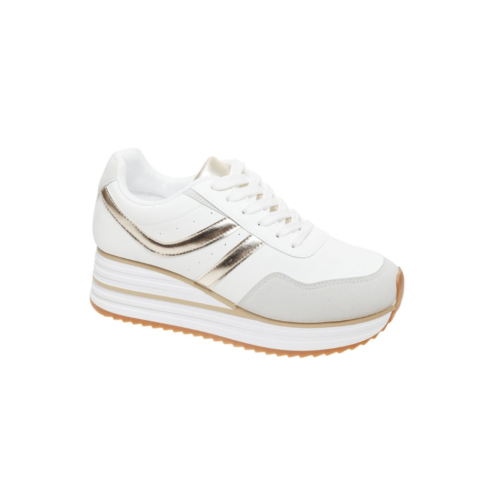 White women's platform sneaker with metallic gold accents and lace-up design
