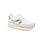 White women's platform sneaker with metallic gold accents and lace-up design