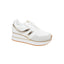 White women's platform sneaker with metallic gold accents and lace-up design