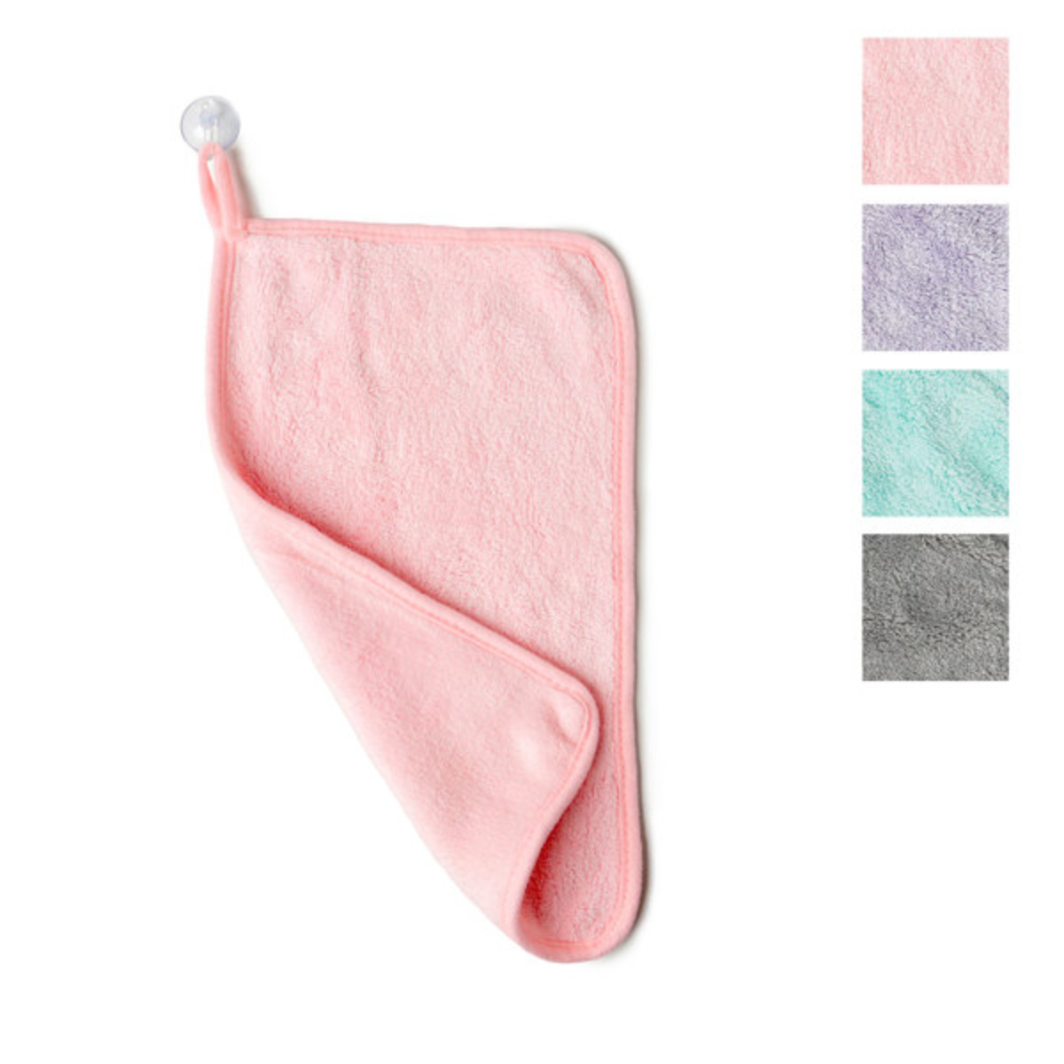 The Lemon Lavender Water Works Make-up Removing Towel by DM MERCHANDISING INC is a pink microfiber towel for sensitive skin with a corner suction cup, shown with purple, blue, green, and gray swatches. Eco-friendly fleece, gentle, and ideal for daily use.