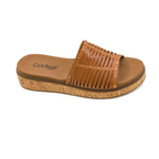 The At Ease Low Platform Slide Sandal by CORKY'S FOOTWEAR features a brown woven leather upper, open toe, and cork wedge sole—combining slip-on comfort with stylish design.