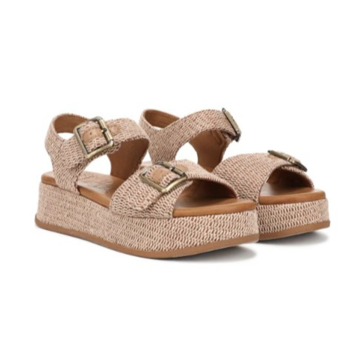 The Caleres Magical Platform Sandal features a beige woven design with cushioned comfort, two adjustable buckle straps, and a thick neutral-toned sole, showcased against a white background.