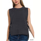 A woman wears the FASHION GO Side Tie Sweater Vest in dark gray with blue jeans. The word "BLACK" is displayed in the bottom right corner.