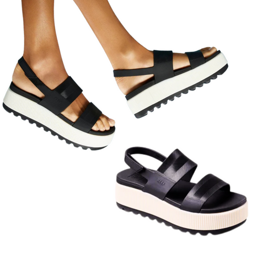 Three views of the Water Vista Higher Platform Sandal in Vintage Black by REEF: a pair being worn and one sandal on its own. Perfect for summer adventures, these black strap platform sandals offer exceptional comfort.
