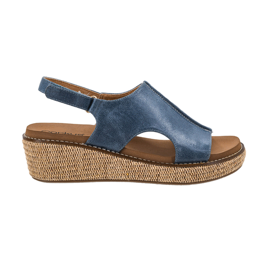 Introducing the Volta II Low Wedge in Ocean by CORKY'S FOOTWEAR INC—a blue open-toe wedge sandal with a slingback strap, woven platform sole, and cushioned footbed for all-day comfort.