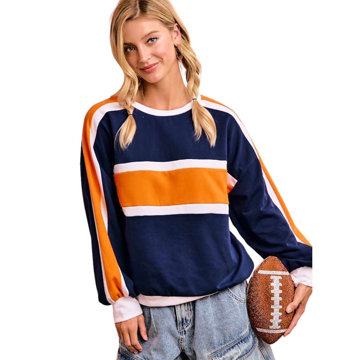 Women's navy white and orange color block crewneck game day sweatshirt