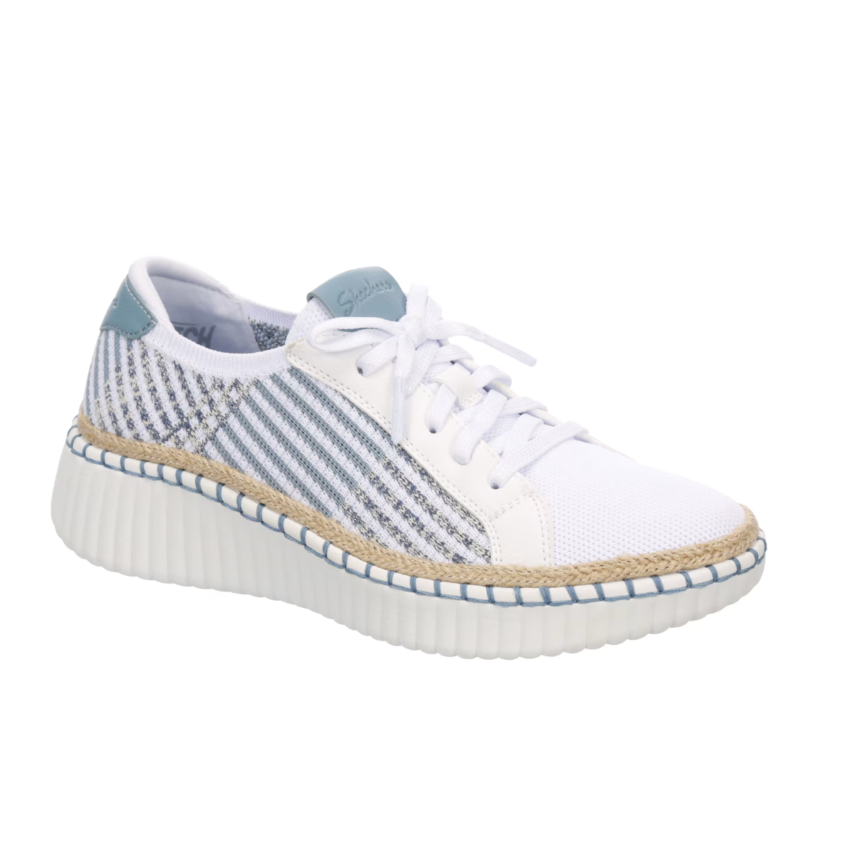 The SKECHERS Wilshire Boulevard Breezy Stroll is a white sneaker with blue striped accents, white laces, a textured sole, and woven midsole detail that provides lightweight comfort for everyday wear. Main image
