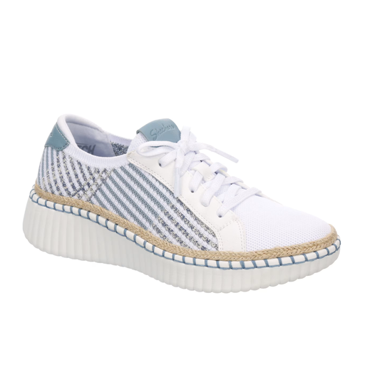 The SKECHERS Wilshire Boulevard Breezy Stroll is a white sneaker with blue striped accents, white laces, a textured sole, and woven midsole detail that provides lightweight comfort for everyday wear.