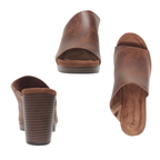 OLEM SHOE CORP Morgen Open Toe Heel in whiskey mule style with a stacked block heel and open toe, displayed from front, back, and top angles.