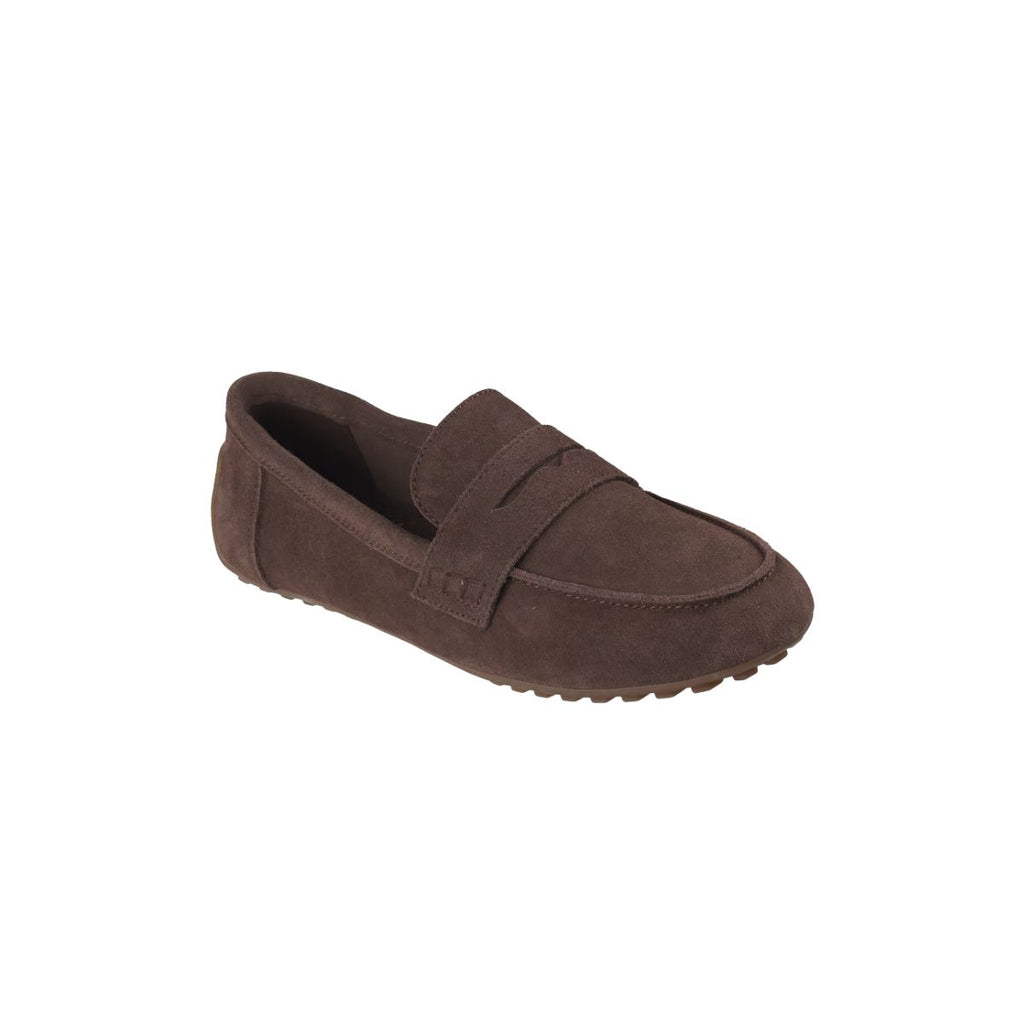 SKECHERS Cleo Driver Smooth Lane Suede Driving Moc in dark brown suede, featuring a memory foam footbed, a classic keeper strap, and a pebbled rubber sole.