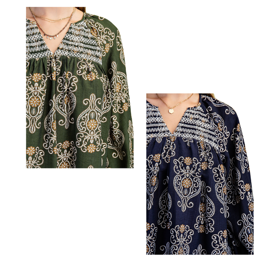 Two cropped images show a person in a green and another in a navy "Printed Balloon Sleeve V-neck Blouse" by FASHION GO, each styled with gold necklaces.