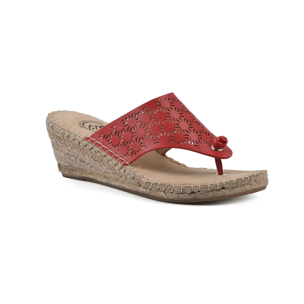 The Beaux Espadrille Wedge by White Mountain features a red cut-out floral strap, open toe, and woven sole—ideal for women who love stylish, comfortable wedge heels.