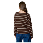 A person with long brown hair, viewed from the back, is wearing the FASHION GO Chocolate Brown Cotton Striped Sweater and blue jeans.