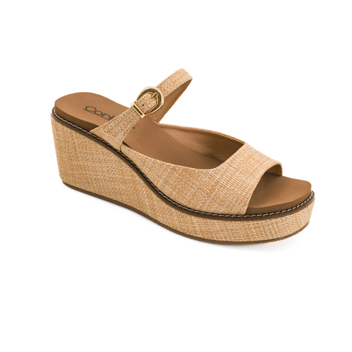 The Treat Yourself Peep Toe Wedge in Raffia by CORKY'S FOOTWEAR features an open toe, textured raffia upper, adjustable ankle strap with gold buckle, and a brown cushioned comfort footbed—your new go-to sandal. Main image