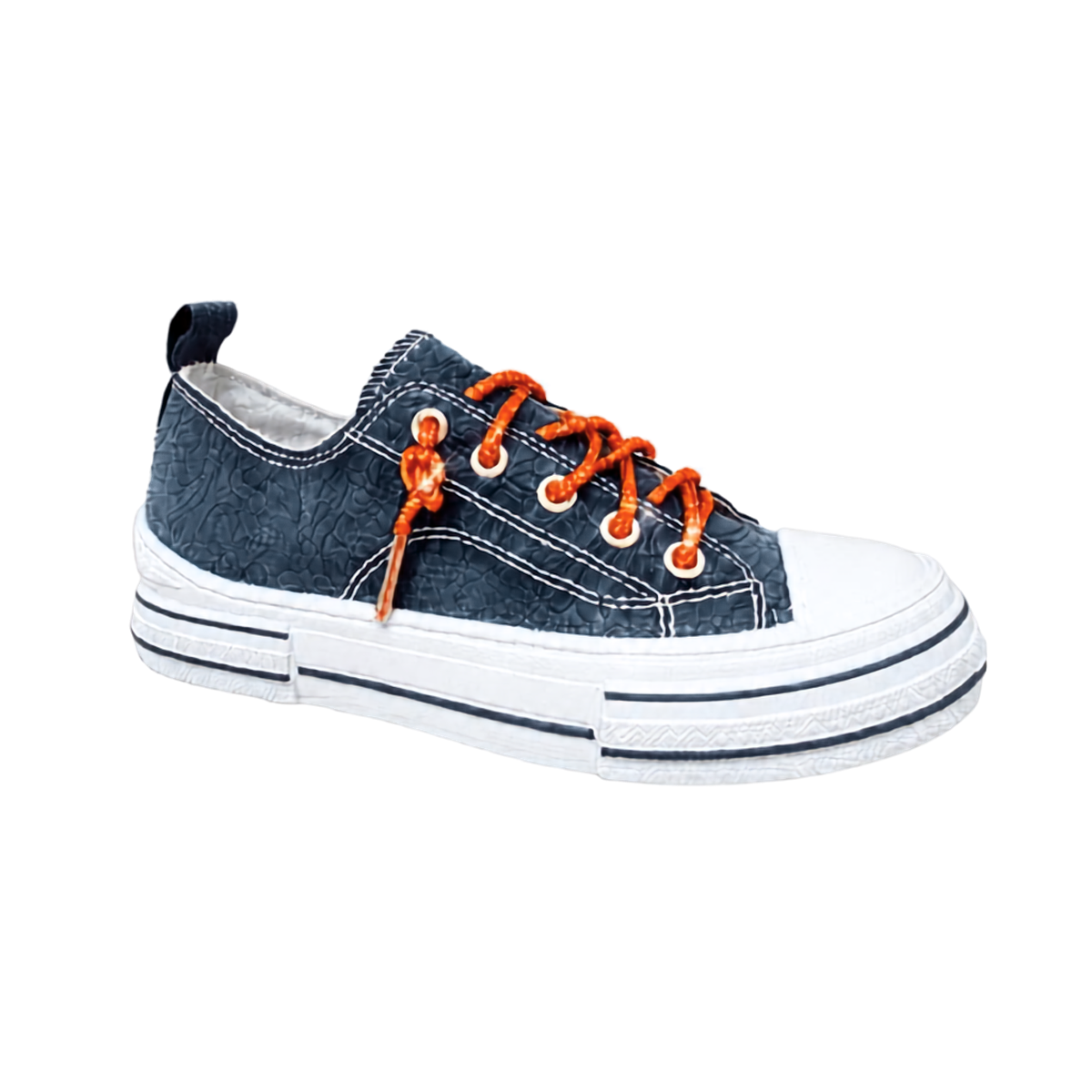 The Aman Navy Tooled Sneakers with Rhinestone Shoelaces by VERY G are Western-inspired low-tops in navy blue, featuring crisp white soles and eye-catching orange rhinestone shoelaces, displayed on a plain white background. Main image