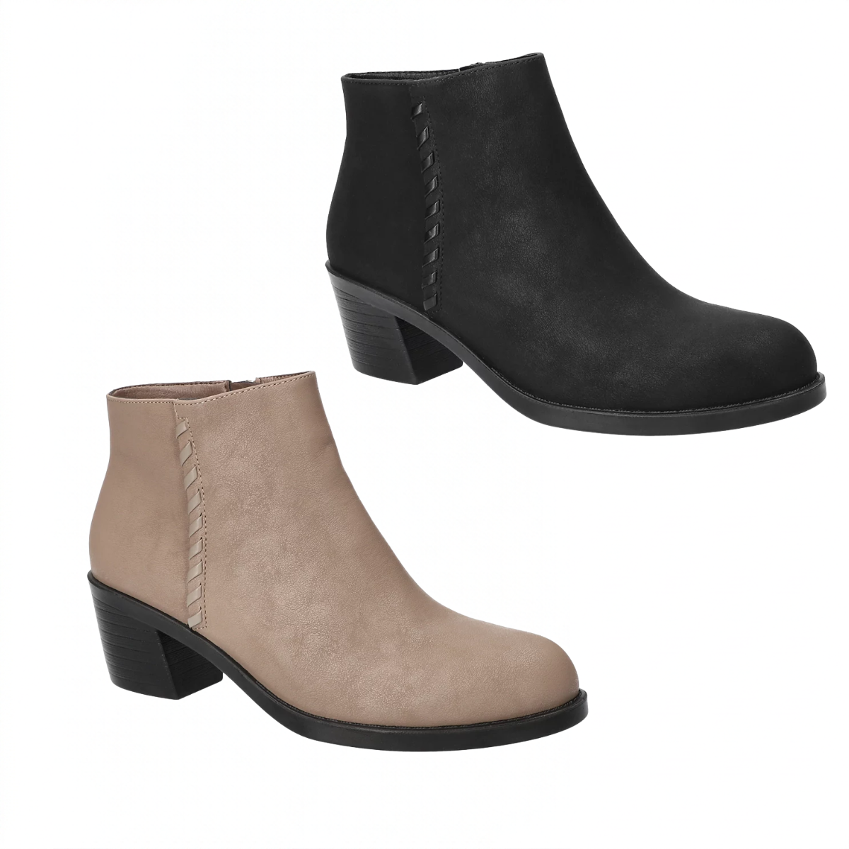 Belmont Heel Ankle Booties in black and taupe, featuring block heels, rounded toes, and side-stitching detail. Main image