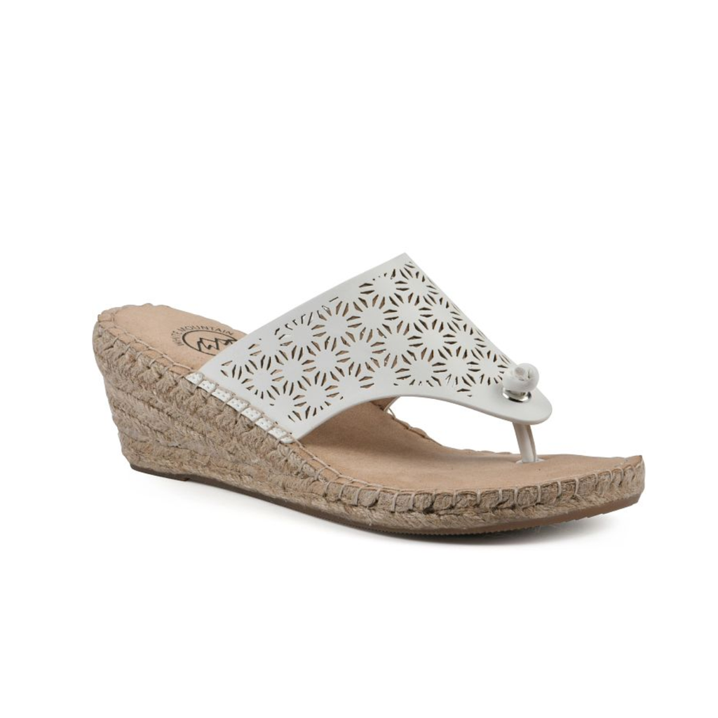 The White Mountain Beaux Espadrille Wedge features a white cut-out floral upper, woven jute platform sole, and comfy wedge heel—ideal for women’s fashion.