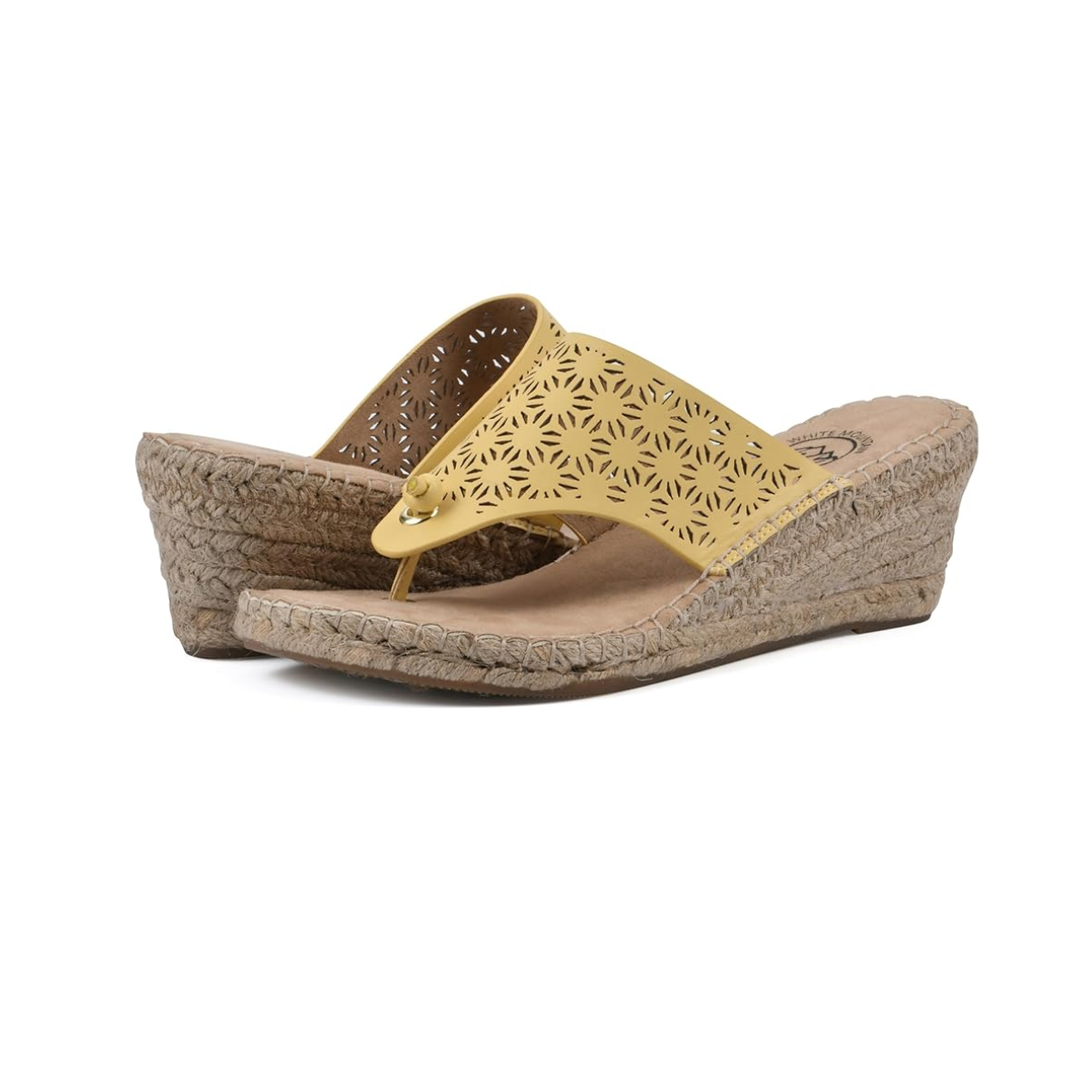 The White Mountain Beaux Espadrille Wedge features tan woven soles, yellow perforated uppers, an open toe, and a slip-on design—offering women’s fashion comfort with a stylish wedge heel.