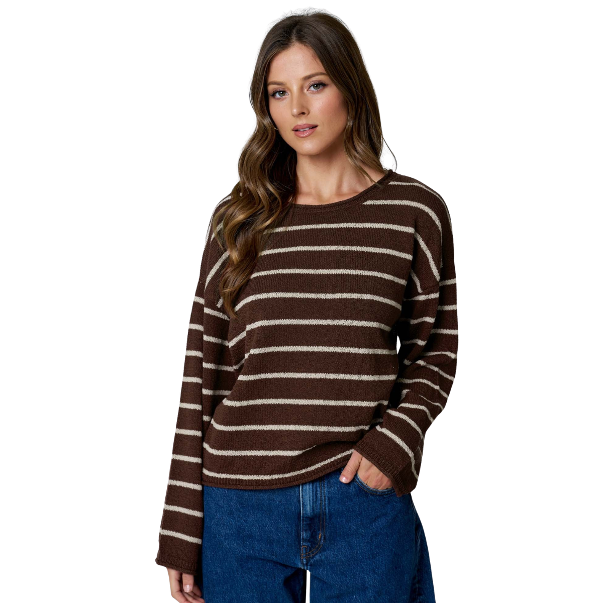 Women's chocolate brown textured knit sweater with cream stripes, long sleeves and relaxed drop shoulders Main image