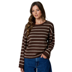 Women's chocolate brown textured knit sweater with cream stripes, long sleeves and relaxed drop shoulders