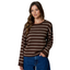 Women's chocolate brown textured knit sweater with cream stripes, long sleeves and relaxed drop shoulders