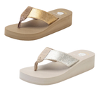 Two pairs of Yellow Box Leyla Wedge Flip Flop Sandals, featuring impact-reducing footbeds and textured woven straps—one pair in beige/gold, the other in white/silver—are displayed side by side on a white background.