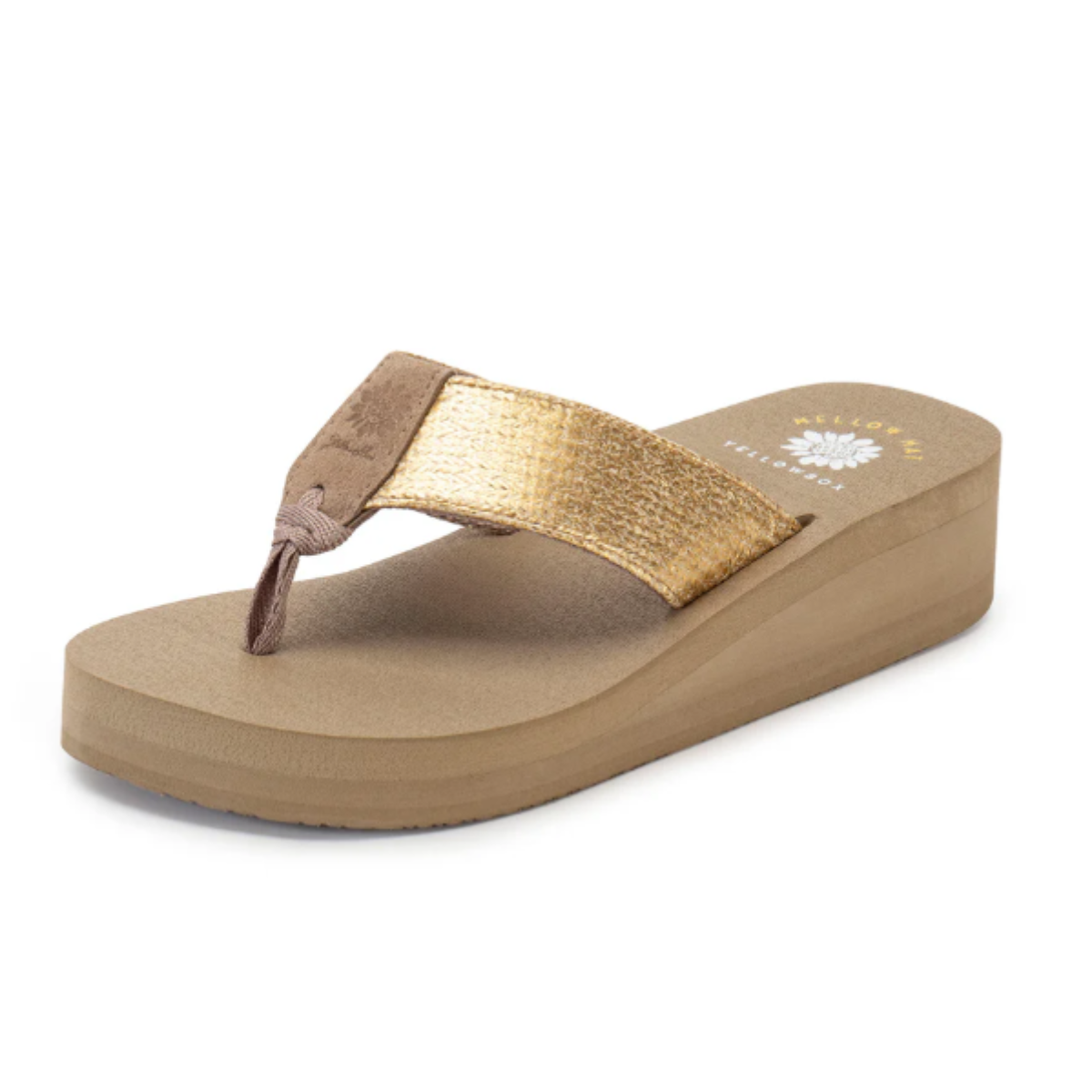 The Yellow Box Leyla Wedge Flip Flop Sandal features a tan wedge, wide metallic gold strap, and cushioned, impact-reducing footbeds inspired by Mellow Mat sandals, shown on a white background.