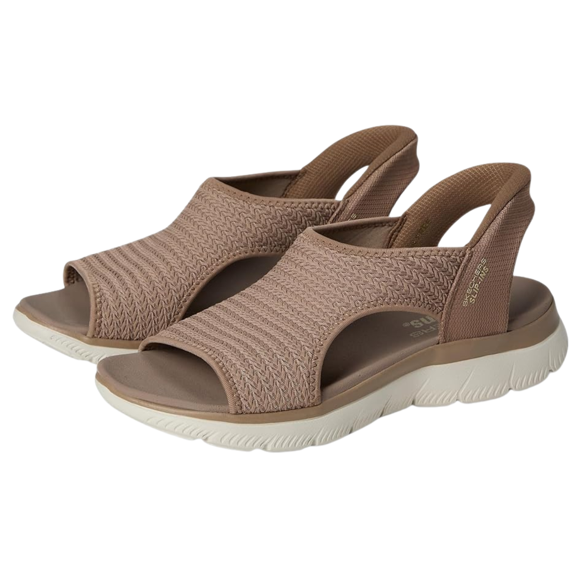 The SKECHERS Slip Ins Sweetly Evolved Sandal features a taupe knitted upper, thick cushioned sole, and stretchy heel and ankle straps for lightweight comfort perfect for everyday wear. Main image