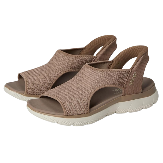 The SKECHERS Slip Ins Sweetly Evolved Sandal features a taupe knitted upper, thick cushioned sole, and stretchy heel and ankle straps for lightweight comfort perfect for everyday wear.