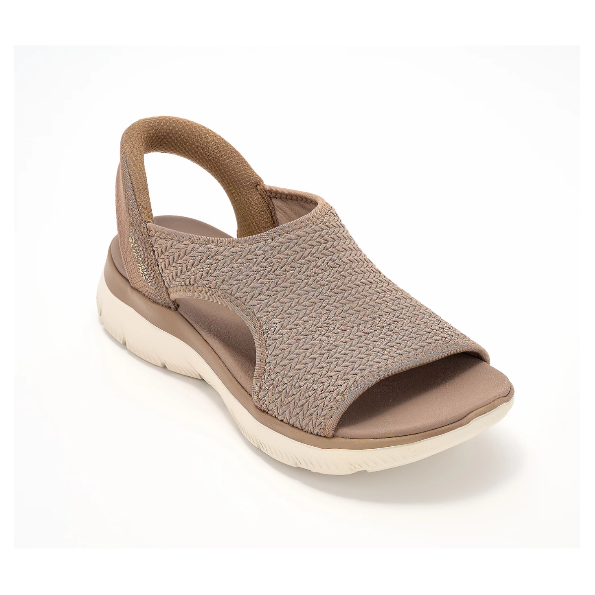 The SKECHERS Slip-ins Sweetly Evolved Sandal features a taupe woven-textured upper, open toe, slingback strap, and lightweight cushioned design, shown here on a white background.