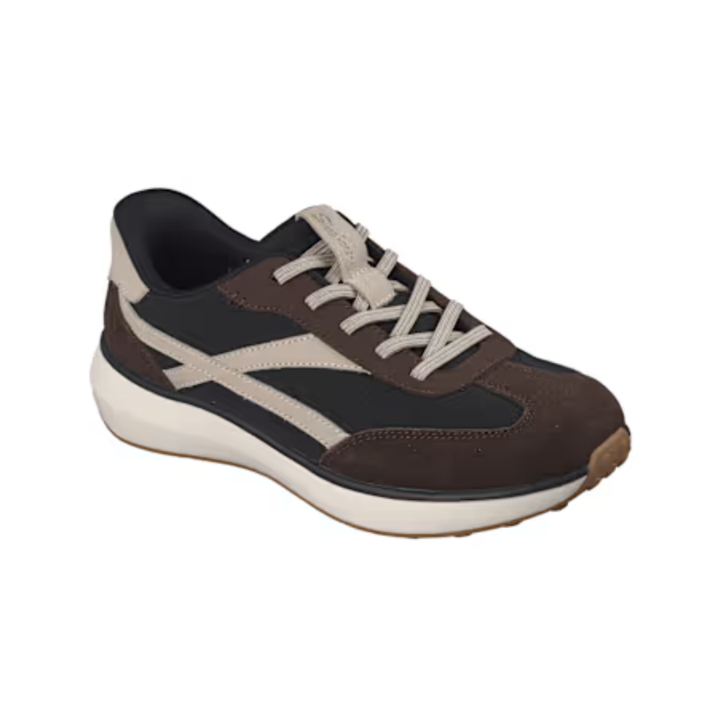 The SKECHERS Montecito Slip Ins is a brown and black retro jogger sneaker with beige accents, beige laces, and a white sole. Featuring comfortable Air-Cooled Memory Foam, it is displayed on a plain white background.