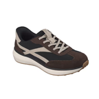 The SKECHERS Montecito Slip Ins is a brown and black retro jogger sneaker with beige accents, beige laces, and a white sole. Featuring comfortable Air-Cooled Memory Foam, it is displayed on a plain white background.
