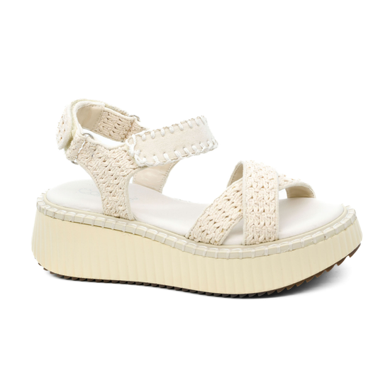 The Total Catch sandal by CORKY'S FOOTWEAR INC features textured woven beige straps, a thick ribbed platform sole, and an adjustable ankle fastening.