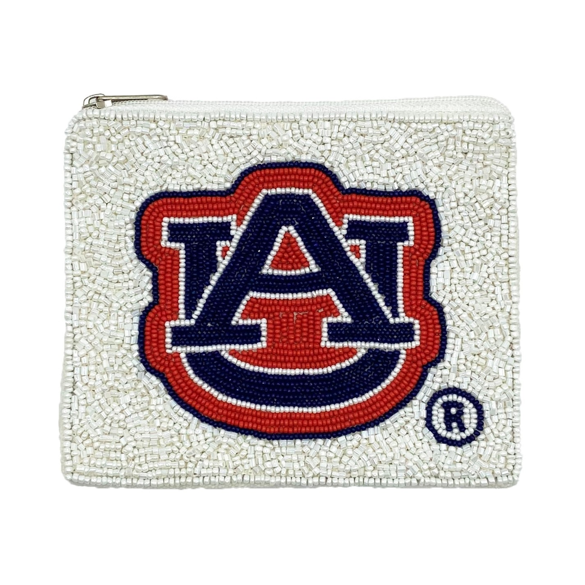 The FASHION GO Auburn AU White Beaded Coin Purse features the Auburn University logo in orange, navy, and white beads. This collegiate licensed accessory is perfect for showing your school spirit.